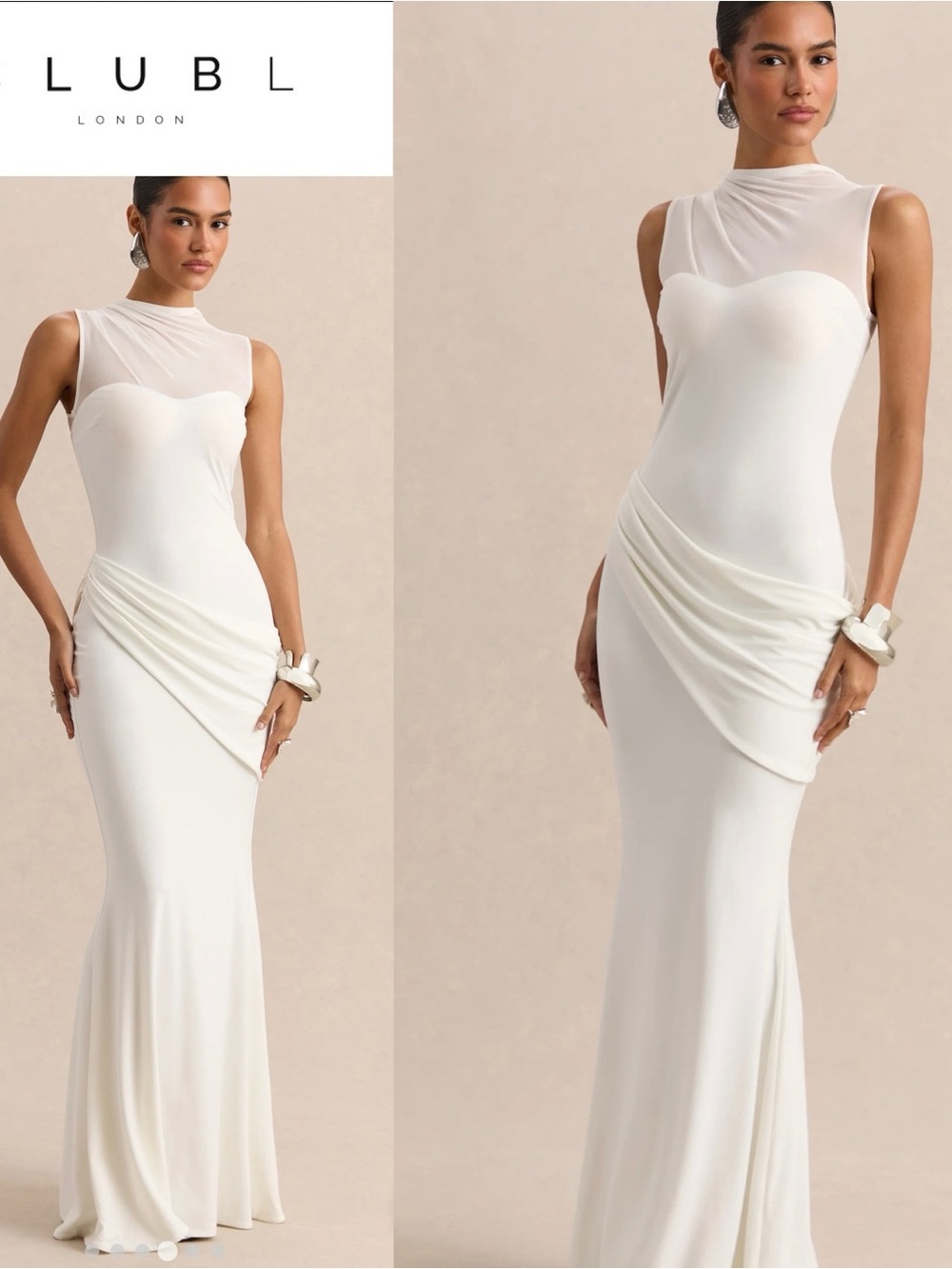 Club L London Cream Maxi Gown with Draped Side Detail